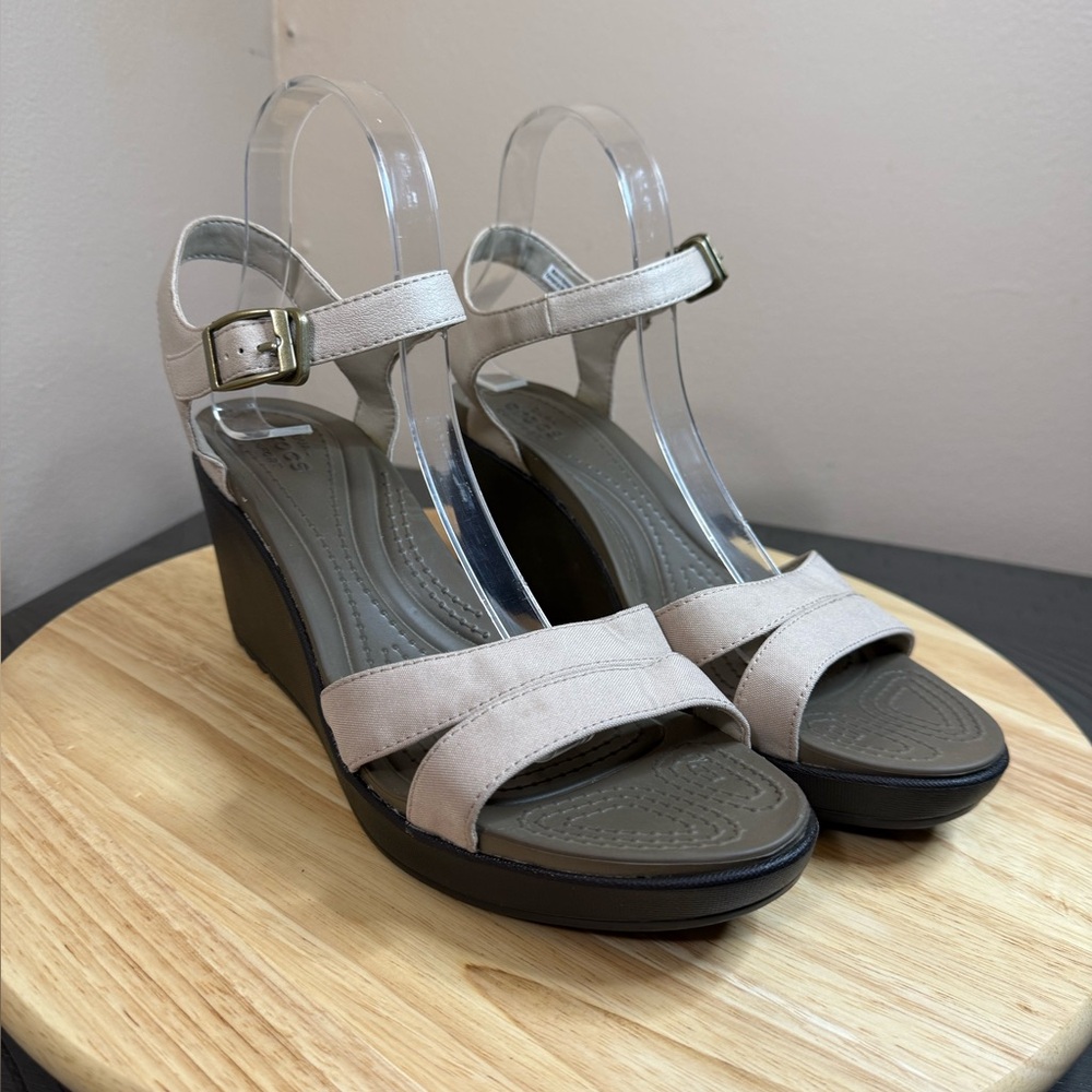 CROCS Women's Light Beige and Black Wedge Sandals with Ankle Strap